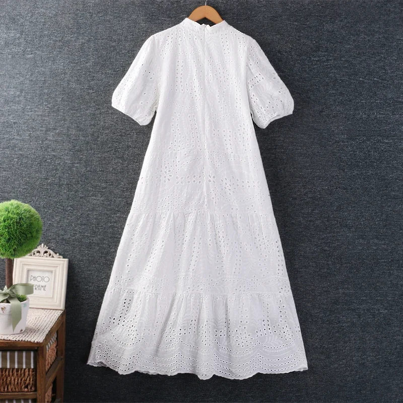 Summer Sweet Mori Girl Hollow Out Embroidered Dress Women Short Sleeve Stand Collar Casual Loose Midi Dress White