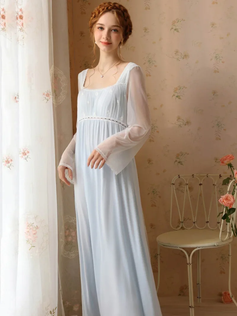 Women Sexy Fairy Princess Nightgown Princess Nightdress Long Sleeve Lace Pajamas with Chest Pads Mesh Modal Victorian Homewear