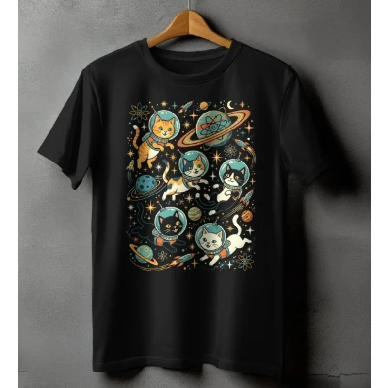 Lustiges Space Cats Astronauten-T-Shirt, Retro-Katzen-Galaxie-Design, vielseitiges Kurzarm-T-Shirt, Kawaii-Freizeitoberteil für Damen/Mädchen, Herren