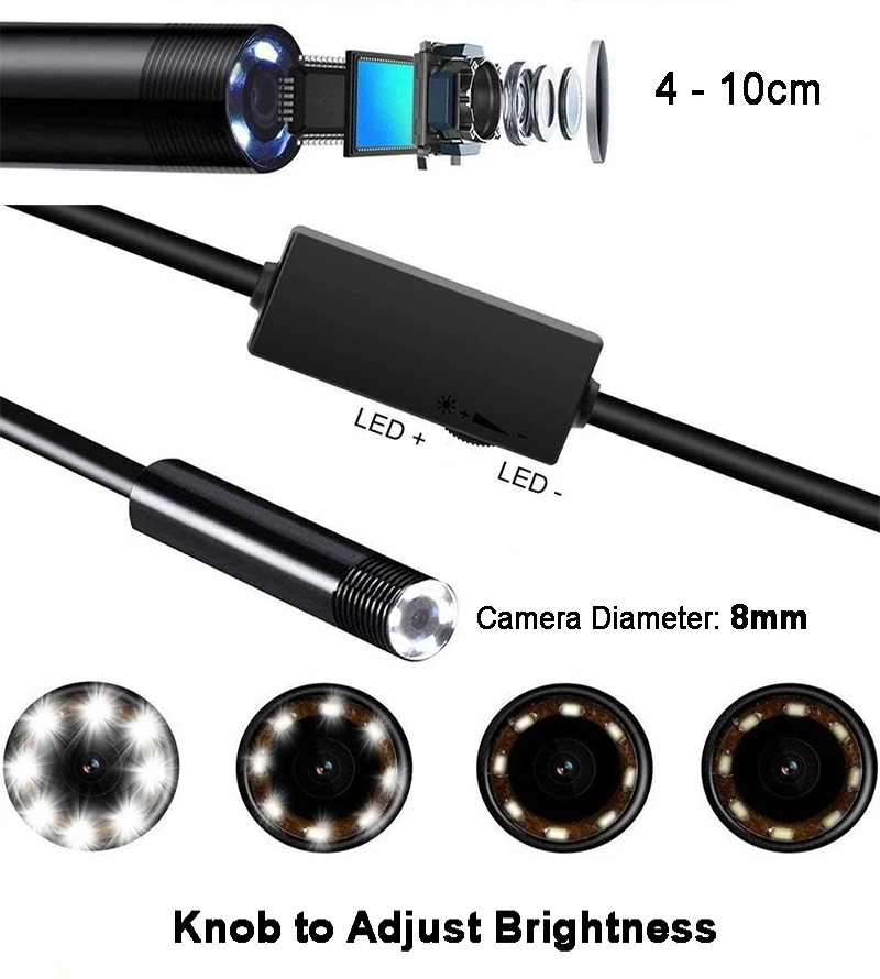 HD WiFi Micro Endoscope Camera, IP68 Waterproof Lens, Borescope, Car Sewer Inspection, iPhone, Android, PC, iPad, 8mm, 720P