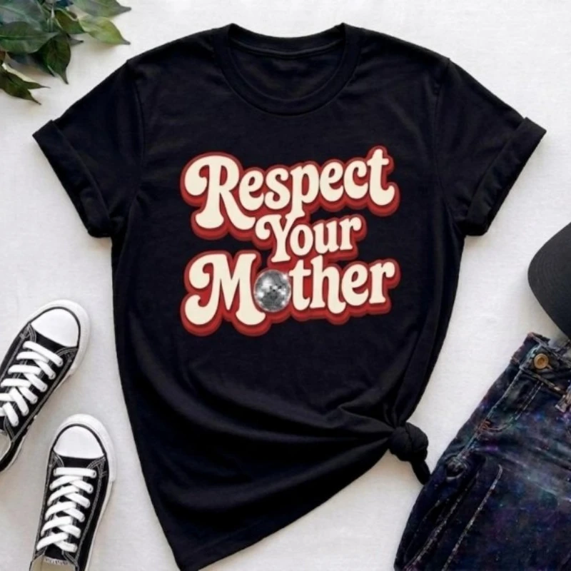 Respect Your Mother T Shirt Women Disco Ball Retro Graphic Tee Mothers Day Casual Tops Streetwear Daily Wear Fashion Top