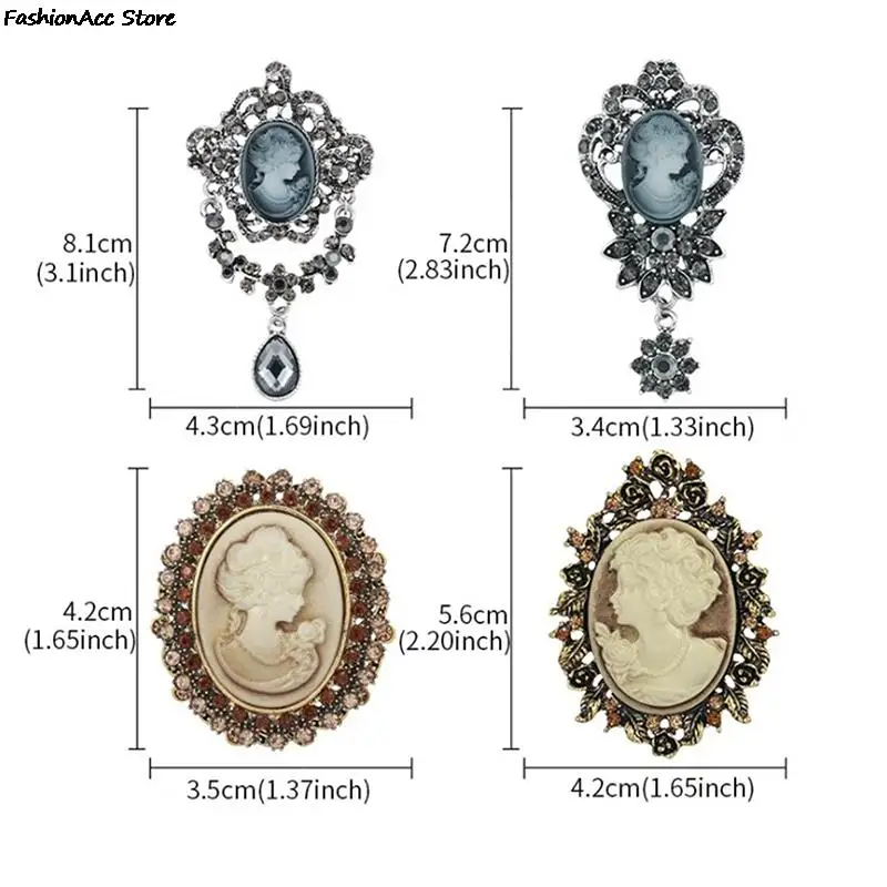 Crystal Rhinestones Cameo Vintage Brooch Pins for Women Queen\'s Cameo Beauty Clothing Accessor Girl Gift