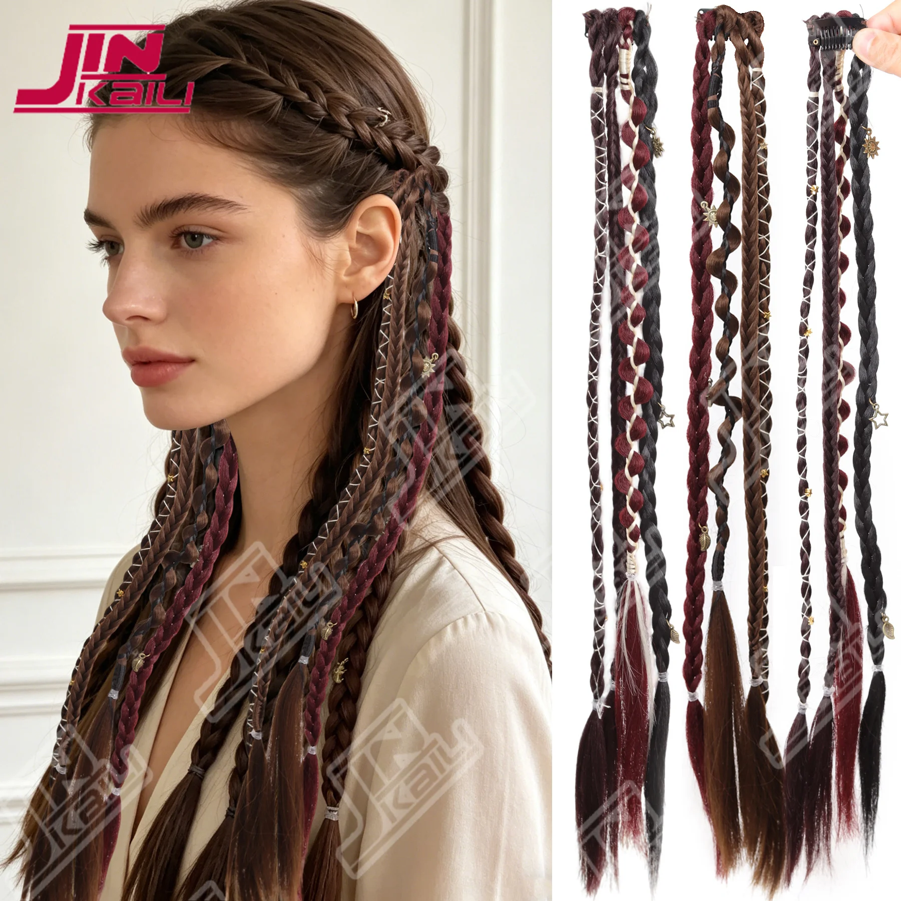JKL Bohemia Clip in Hair Extensions Handmade Synthetic Weaving 20 Inches Clip-on Long Braid Fairy Hair Synthetic Hair Extensions