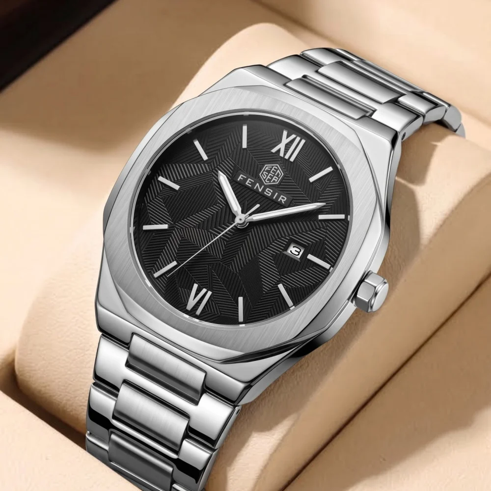 Business Men's Quartz Watch, Octagonal Brushed Case Design, Textured Dial, Calendar Function, Luminous and Waterproof, Rugged and Versatile Men's Wristwatch, Classic, Fashionable, Casual, Workplace, Commuting, Daily Wear, Trendy Men's Watch