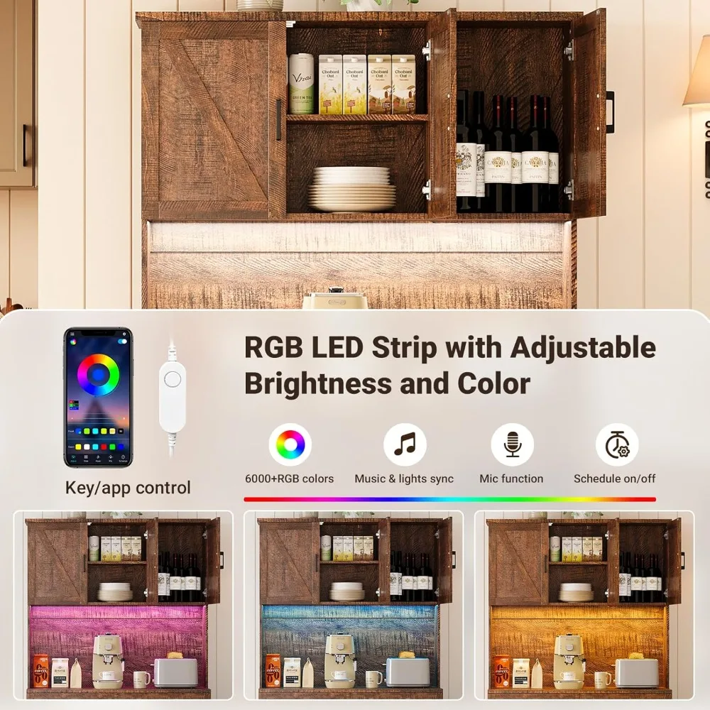 71-hoher Küchen-Speisekasten mit Ladestation und LED-Leuchten, Bauernhaus-Küchenschrank mit Mikrowellenständer