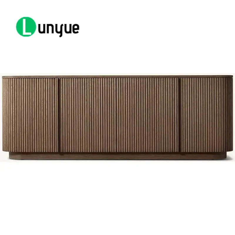 Modern Mulholland Style Fluted Solid Oak Side Cabinet 4 Door Luxury Buffet Server for Dining Room Restaurant Storage