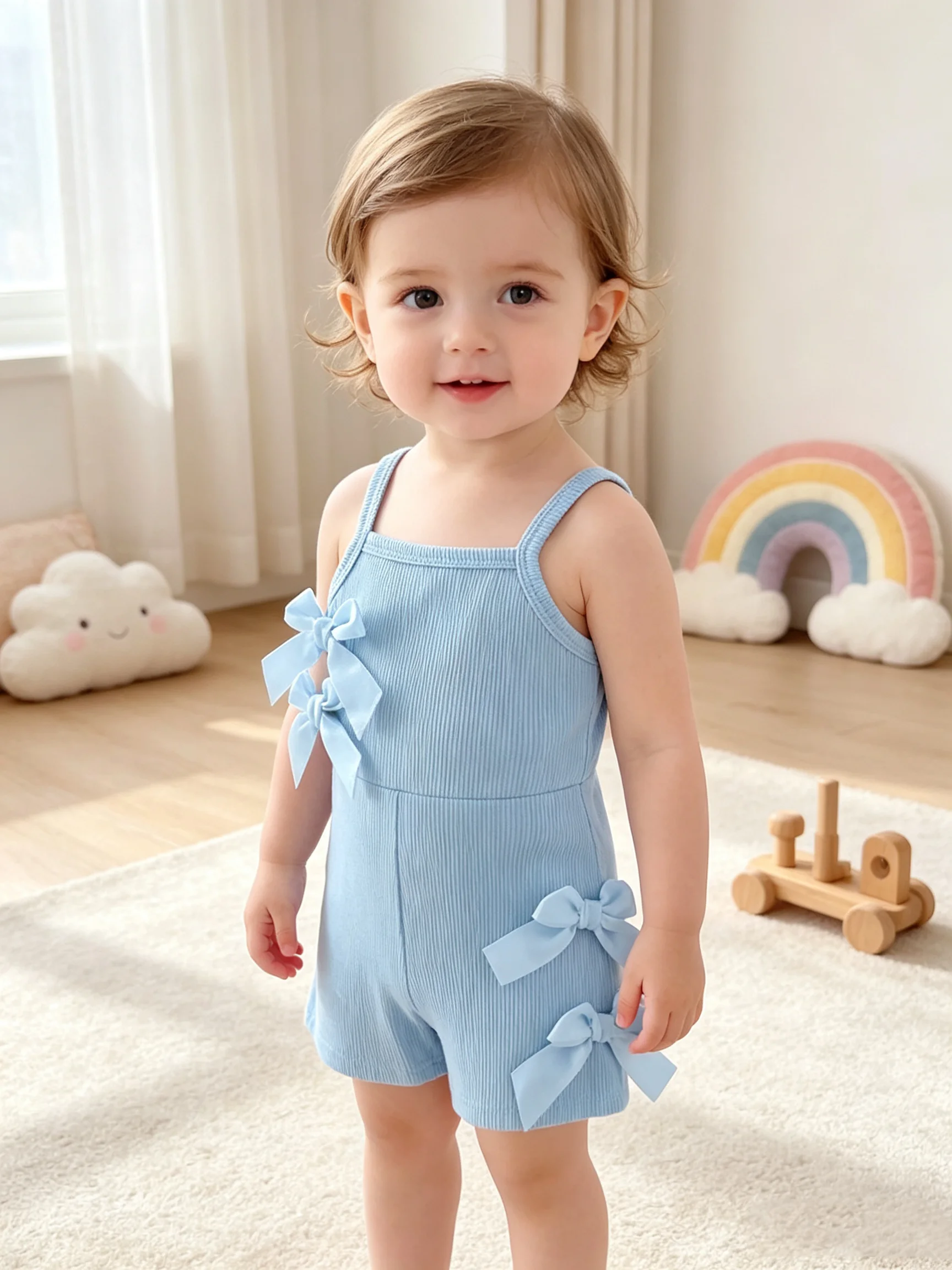 Kids' Square Neck Sleeveless Jumpsuit Casual Elegant Solid Color Comfortable One-Piece Suit with Suspender Bow Shorts for Childr