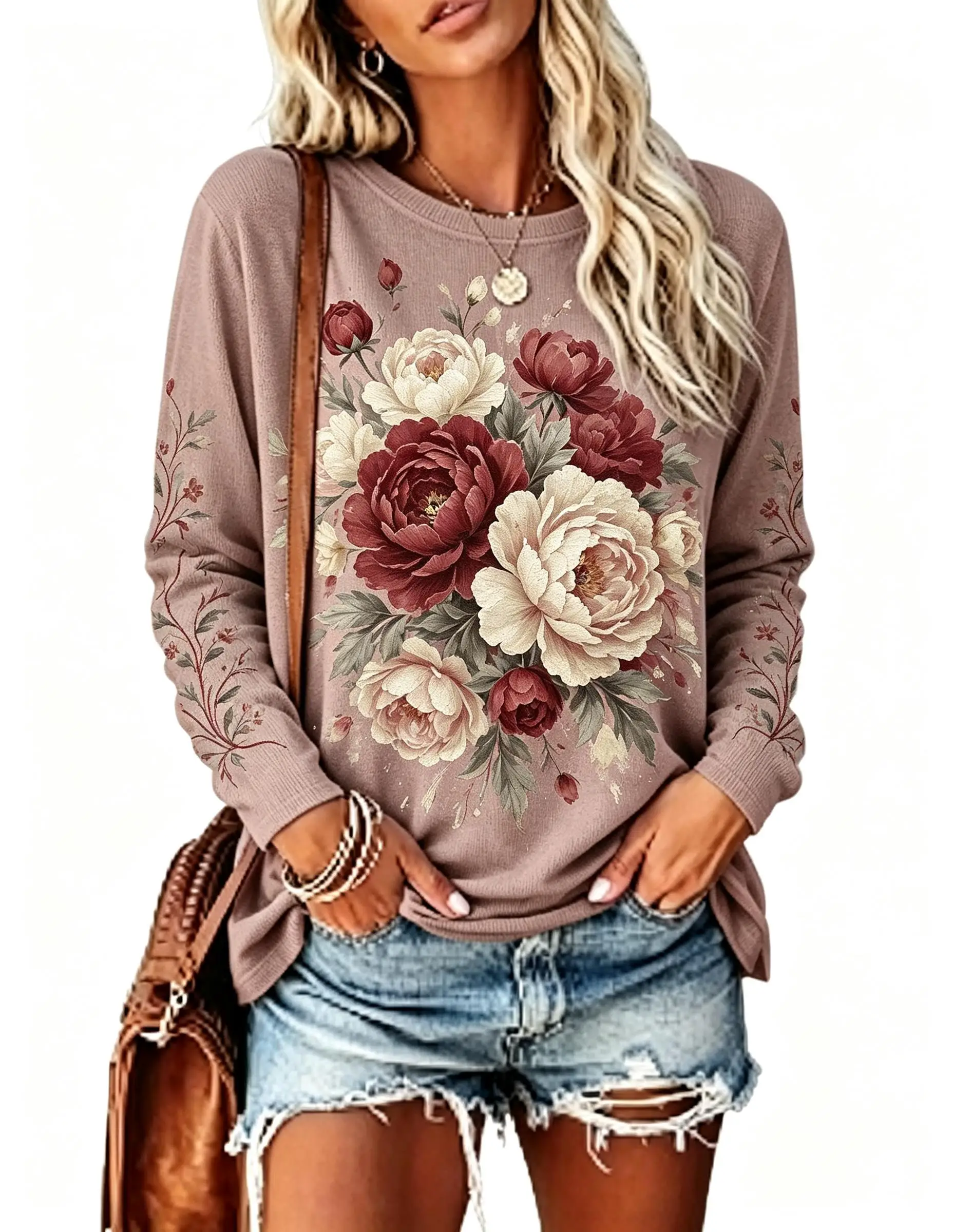 Women Long Sleeve T‑Shirt Vintage Peony Floral Flower Leaf Print Crew Neck Casual Loose Tops