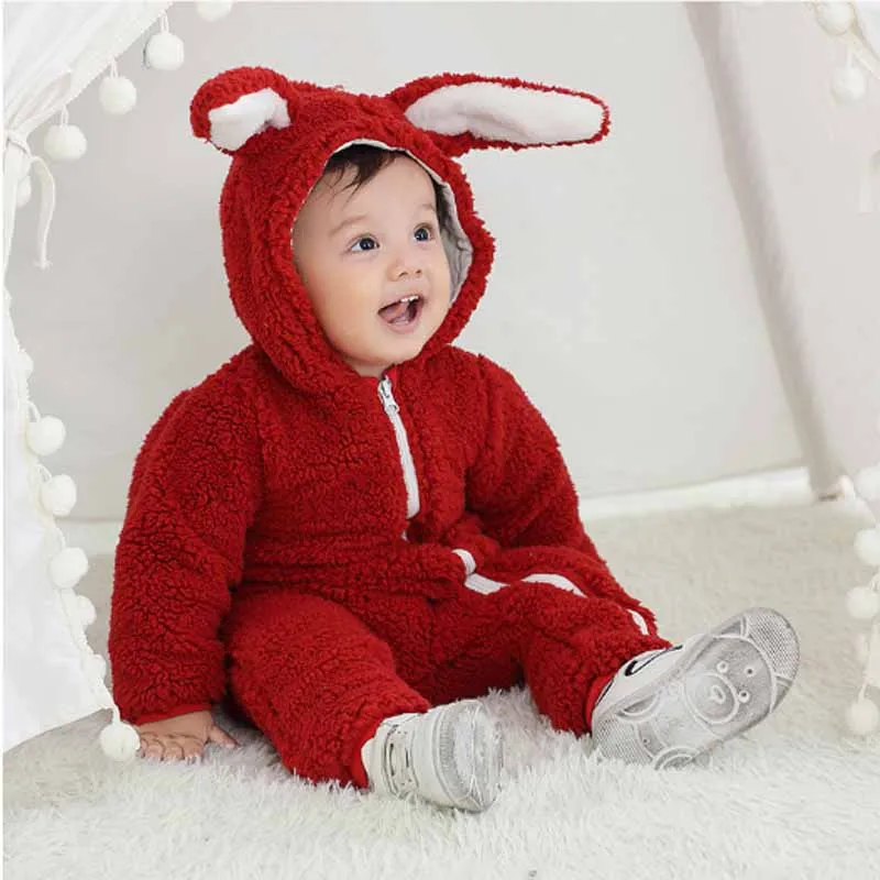 

Girls Thicken Jumpsuit Boys Warm Romper Winter Baby Fleece Bodysuit Kids Hooded Zip Crawling Clothes Newborn Cute Plush Onesie
