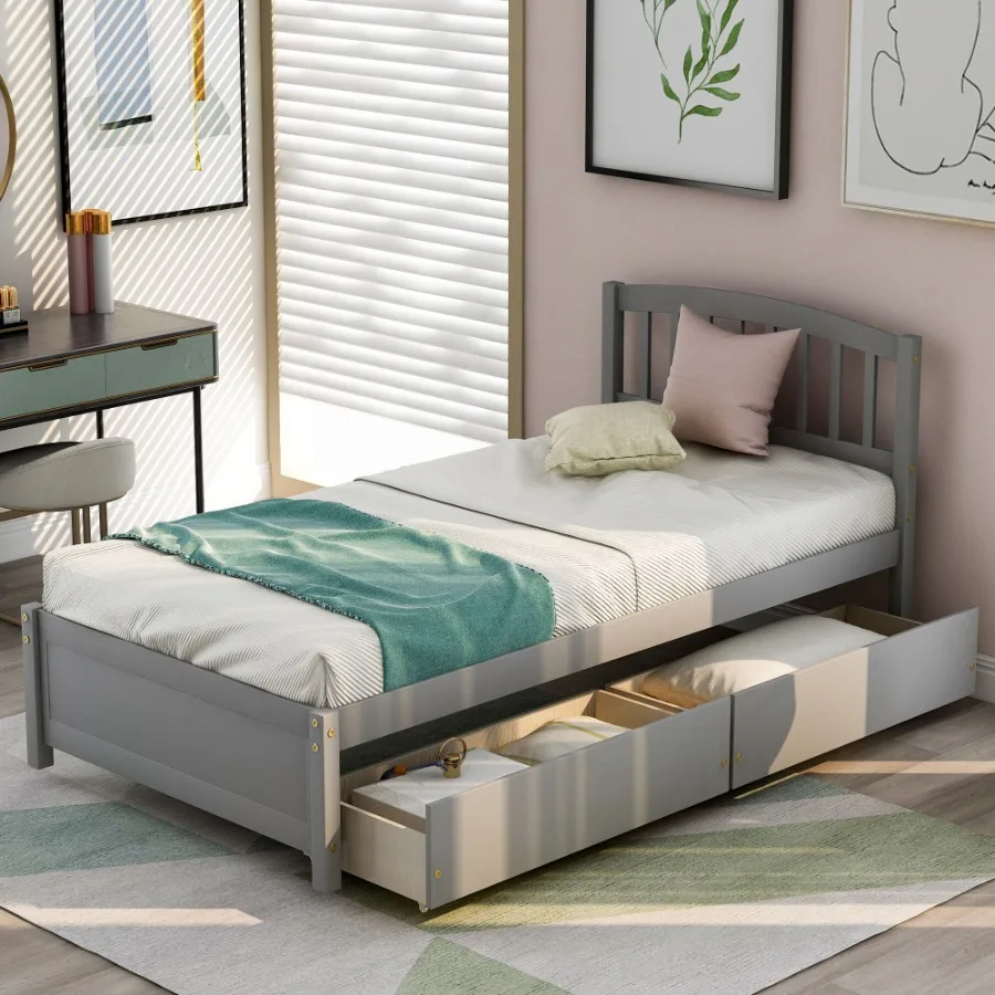 

Twin Platform Storage Bed Wood Bed Frame with Two Drawers and board Gray
