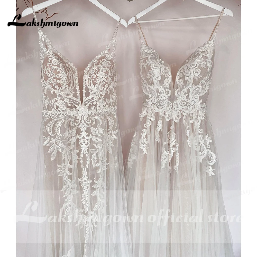 Sexy Boho Wedding Dresses Illusion Embroidery Lace Spaghetti Strap Light Weight Soft Tulle Beach Bridal Gowns Customized