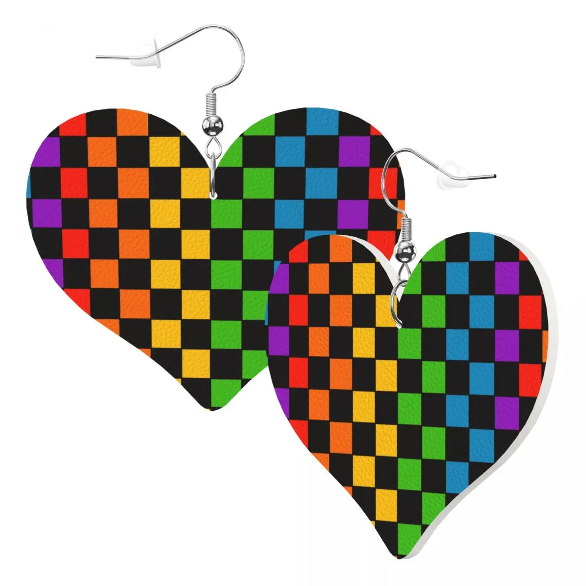 Custom Rainbow Checkerboard Checked Leather Teardrop Earrings Personalized For Women Jewelry Accessories For Valentine's Day