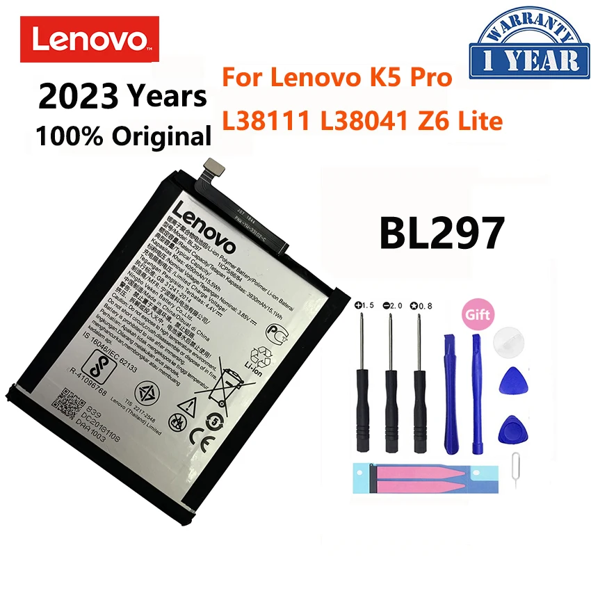 

2023 год, 100% оригинальный 4050 мАч BL297 Сменный аккумулятор для Lenovo K5 Pro L38111 L38041 Z6 Lite, батареи для телефона, батарея