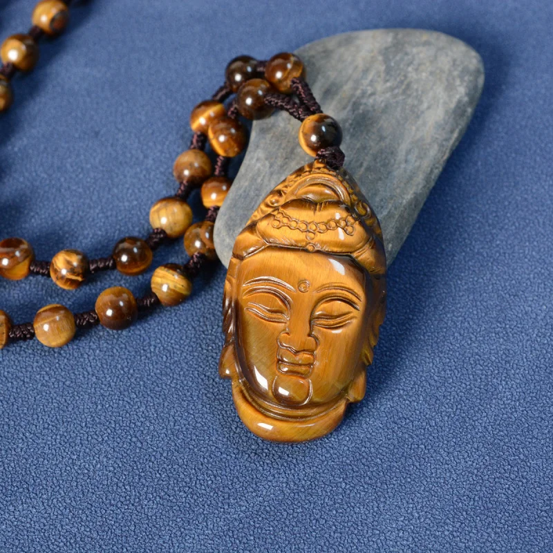 

Tiger Eye Stone Female Emperor Hanging Ornament 3D Carved Guanyin Jade Pendant Necklace