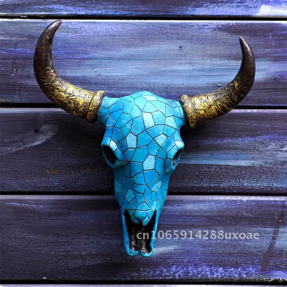 

Creative turquoise patch effect curved horn wall hanging ornaments three-dimensional cow skull wall decoration pendant