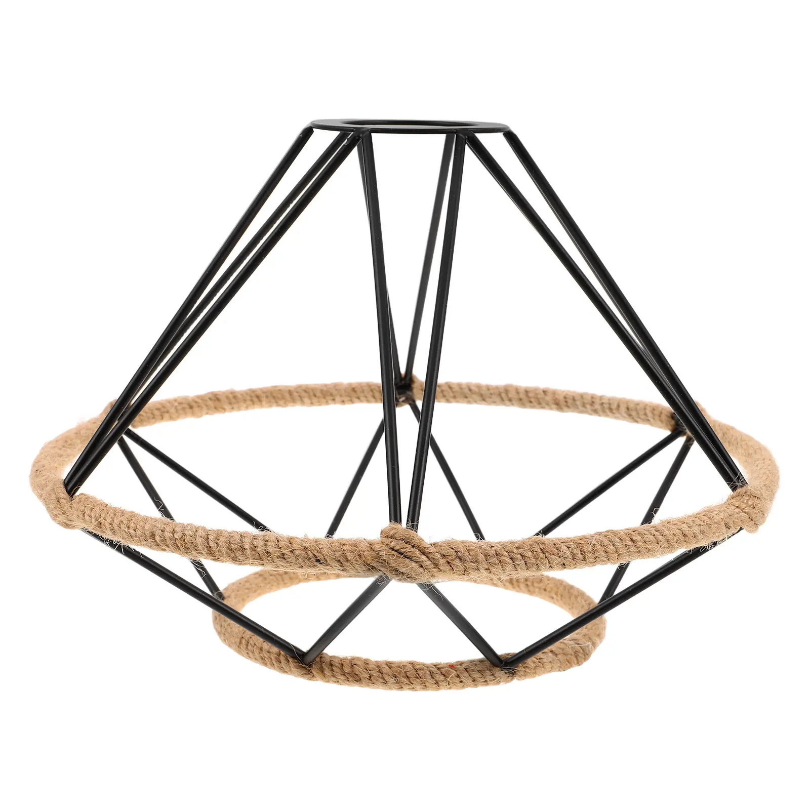 Handwoven Jute Rope Lampshade with Iron Cage Hollow Pendant Lamp Rustic Industrial Ceiling Light Fixture for Dining Room