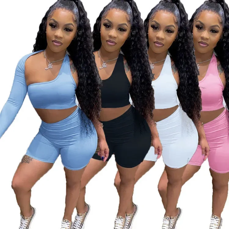 

Women's S-3XL size European and American Instagram New One Shoulder Open Navel Sexy Hollow Sports Long sleeved Shorts Two