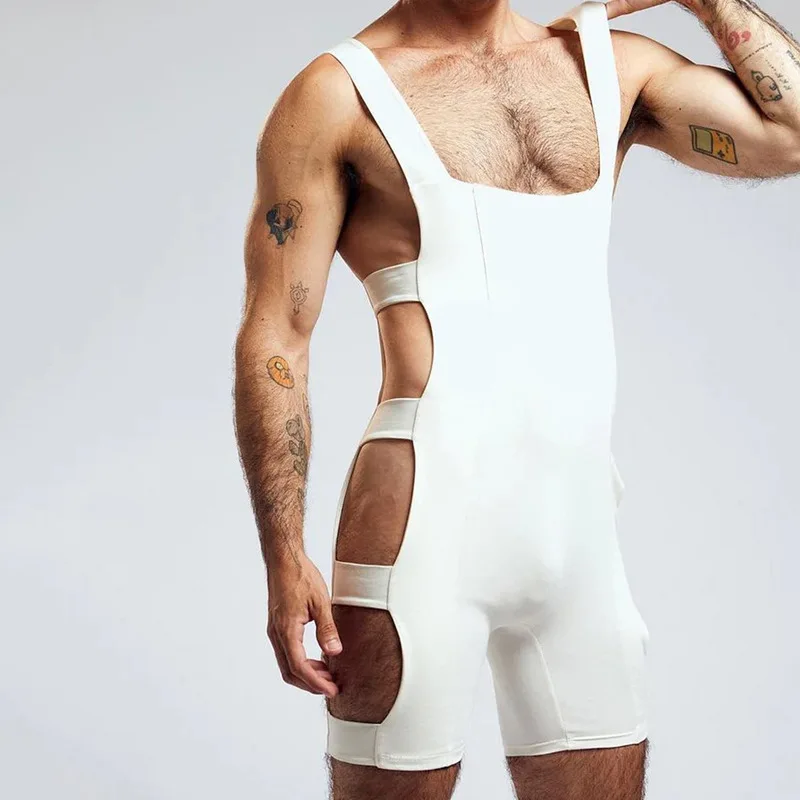 

Sexy Hollow Out Slim Elastic Jumpsuits Men Summer Fashion Solid Color Shorts Bodycon Mens Nightwear Stylish Sleeveless Bodysuits