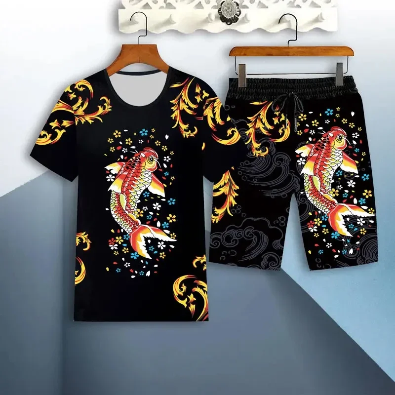 2025 New 3D Dragon Pattern Summer Men's Beach Short Sleeved Shorts Set Men's Clothing T-shirt 2-piece Set Round Neck Sport