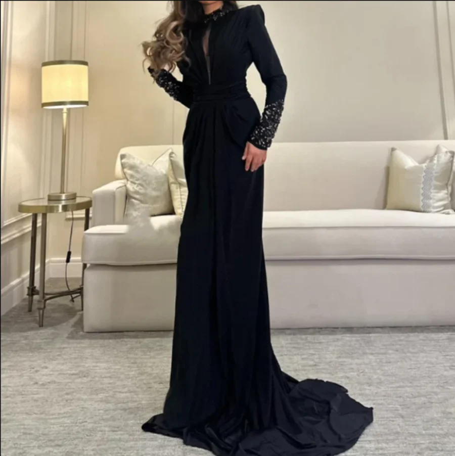 

Customized Saudi Arabia Prom Dress Long Sleeves Formal Occasion Ball Dress High Side Split Dresses Black Gala Evening Dresses