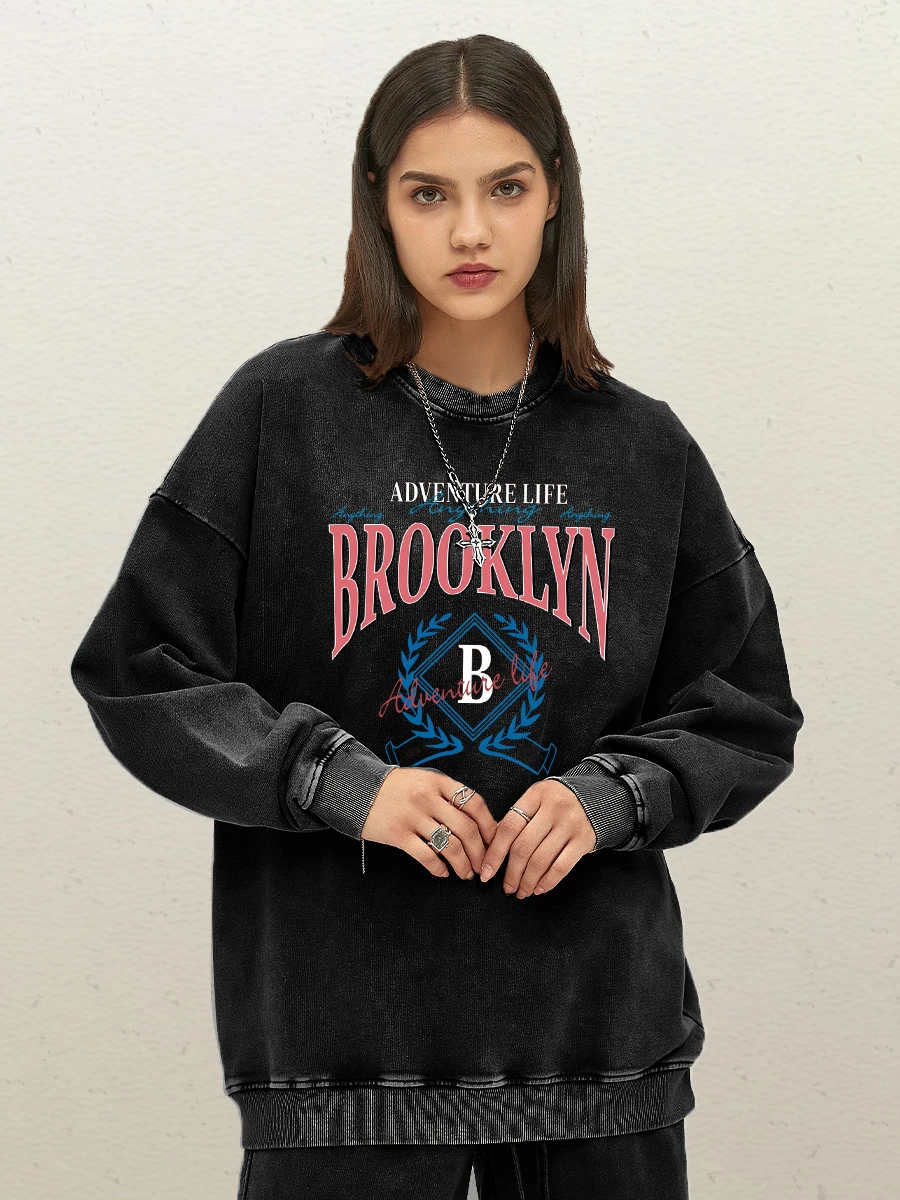 Adventure Life Anything Brooklyn Pattern Womens Washed Cotton Streetwear Autumn Crewneck Sweatshirt Fashion Casual Couple Hoodie