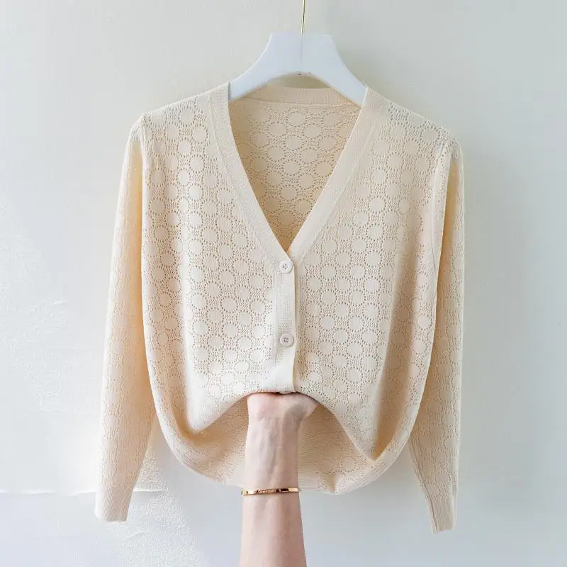 Ice Silk Knitted Sweater Women's Cardigan with Hollowed Out Loose Fit Paired with a Stylish Shawl and Skirt Thin Jacket Women's