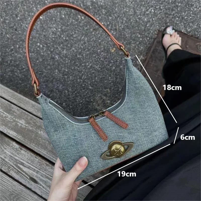 2024 New Denim Canvas Shoulder Bags Casual Blue Top Handle Bags for Women Y2k Underarm Bags Fashion Female Planet Decor Handbags