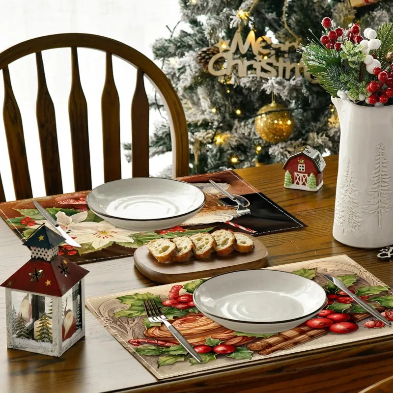 مجموعة مفارش عيد الميلاد مكونة من 4 قطع، 30 × 45 سم سجادة طاولة شتوية لعيد الميلاد والزنجبيل لتزيين المطبخ والحفلات