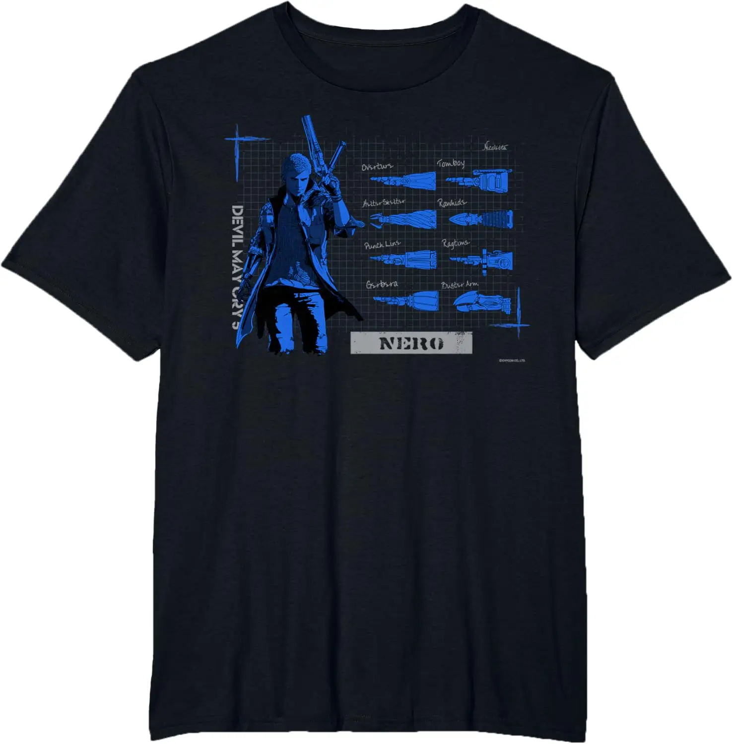 Devil May Cry Nero Graphic Short-Sleeve T-Shirt – Blue Tech-Style Character & Weapon Print Cotton Apparel for DMC Fans