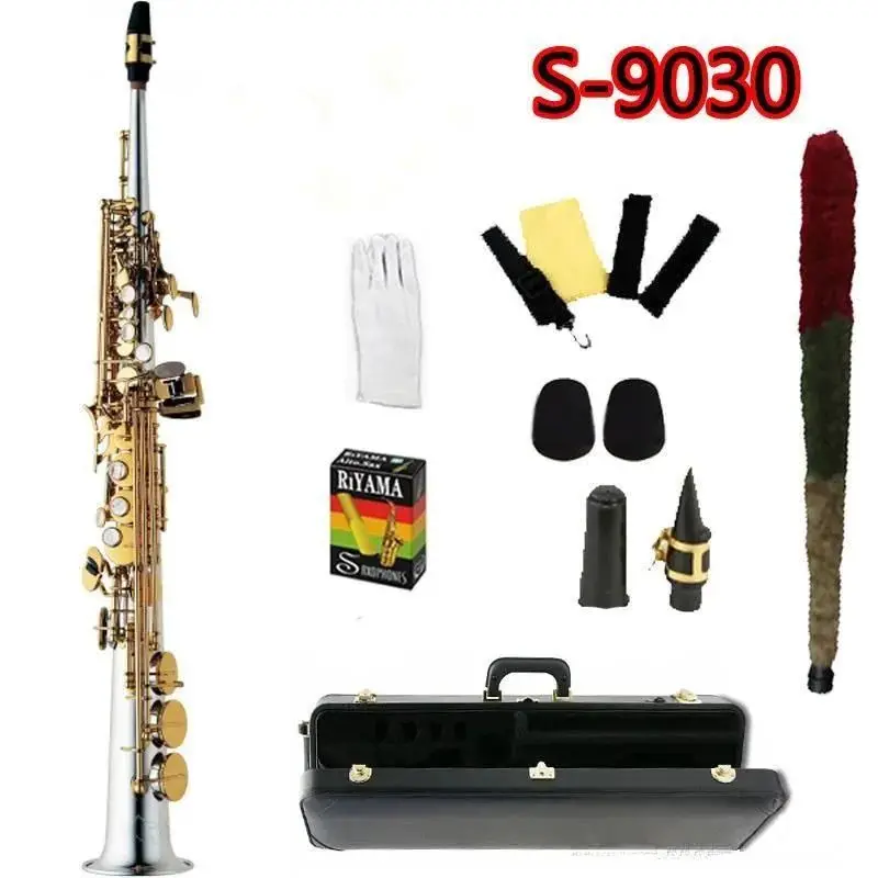 

Top S-9030 B Tone Straight tube Soprano Saxophone Nickel Plated Gold Key Professional Sax Mouthpiece With Hard Case and Accessor