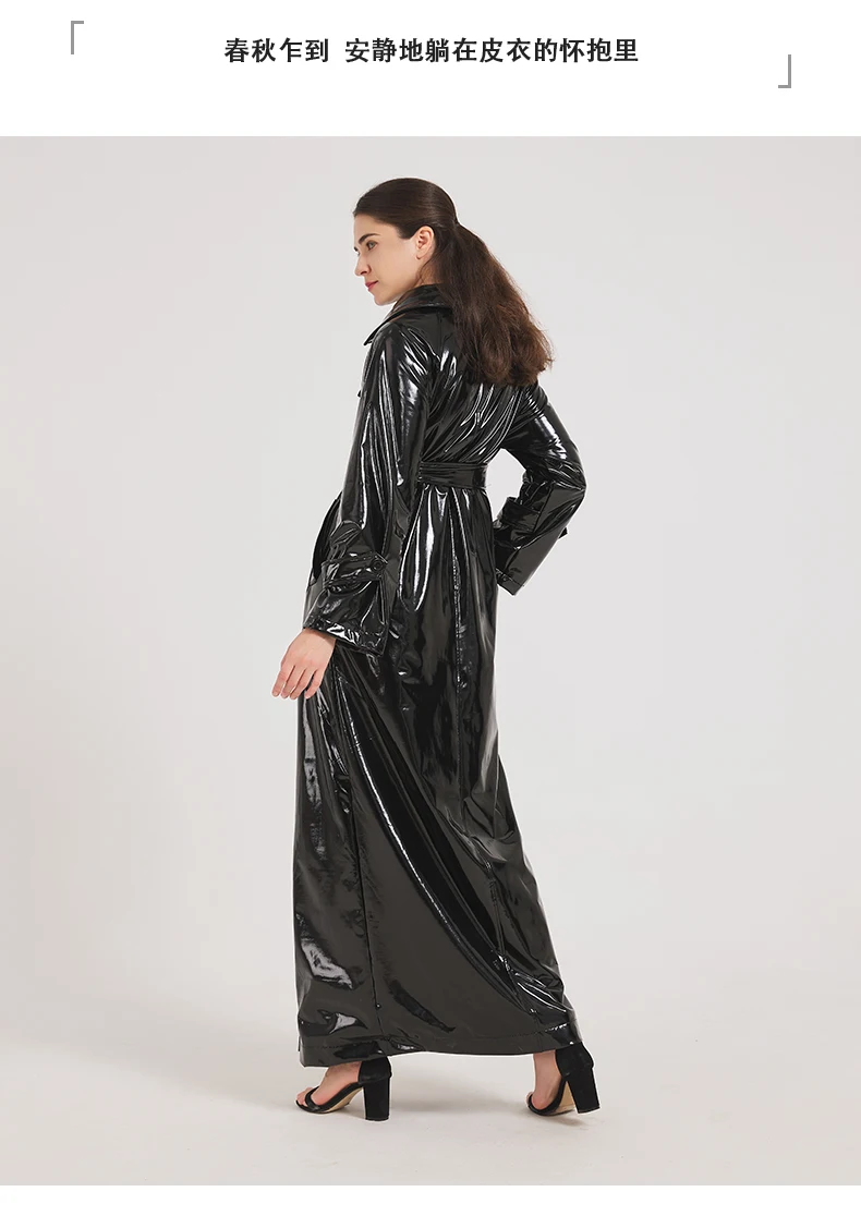 Lautaro Spring Autumn Black Shiny Reflective Soft Patent Leather Trench Coat for Women Luxury Designer Floor Length Clothes 2024