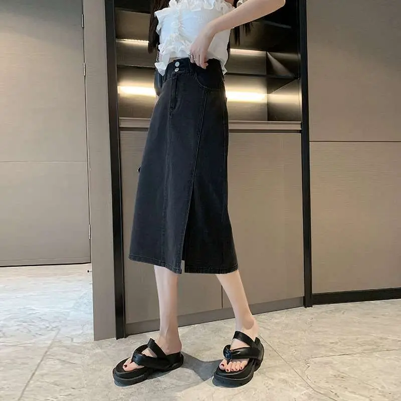 

High Waist Split Denim Skirt Women's Summer Stretch Loose mid Sweet Sle mid Waist PVC Fabric Ciwalk Batwing pe