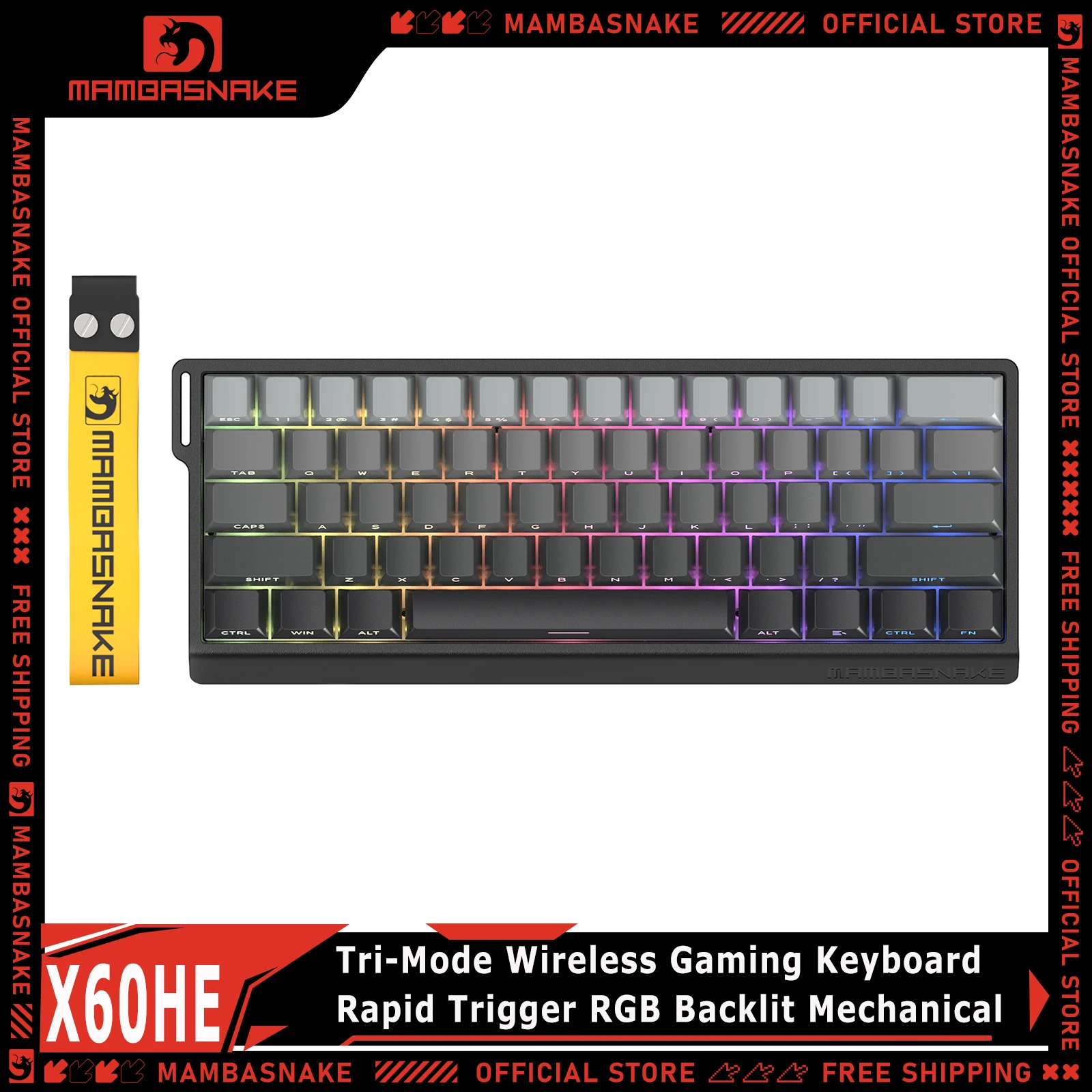 MAMBASNAKE X60HE Tri-Mode Wireless Gaming Keyboard Magnetic Switch Rapid Trigger 60% Compact RGB Backlit Mechanical Keyboard