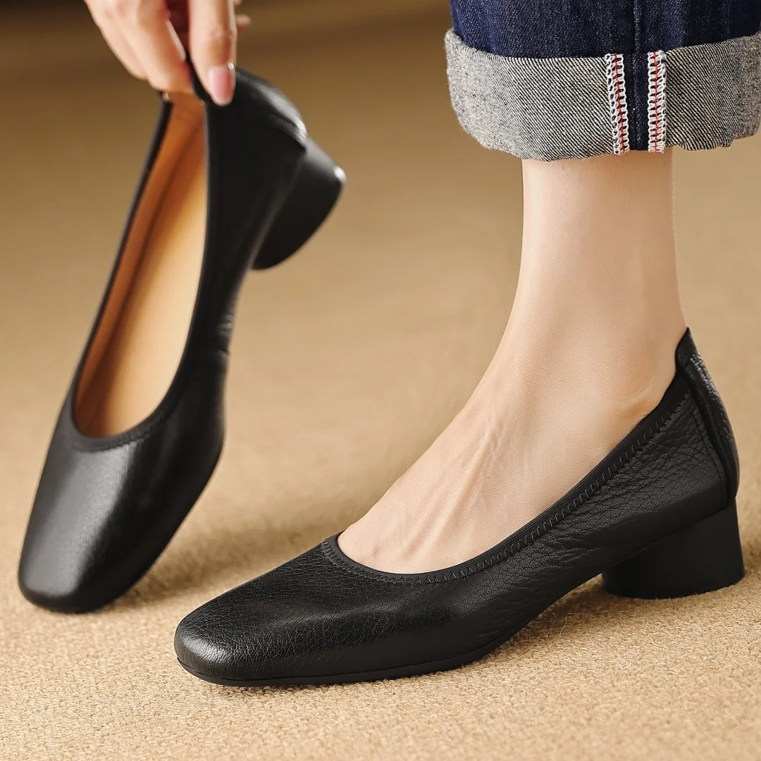 Décolleté slip-on con punta quadrata in pelle di pecora da donna eleganti da donna stile OL 3 cm tacco basso rotondo scarpe con tacco da donna slim quotidiane per donna