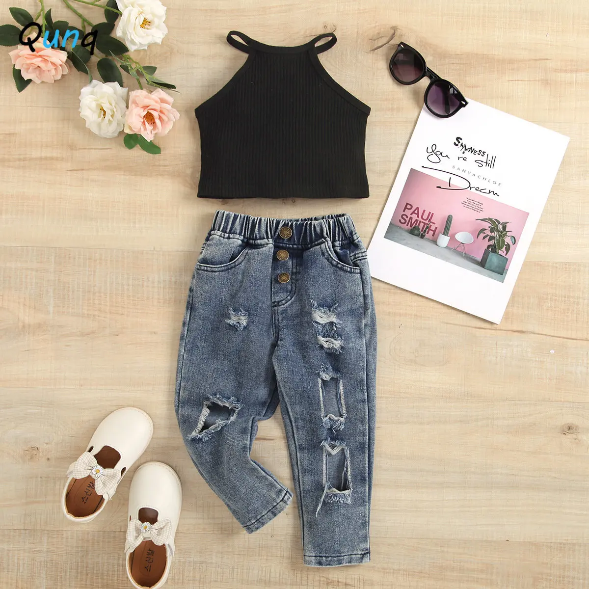 

Qunq Summer Girls Twill Solid O-Neck Sleeveless Off-the-shoulder Top + Ripped Jeans 2 Pieces Set Casual Kids Clouthes Age 3T-8T