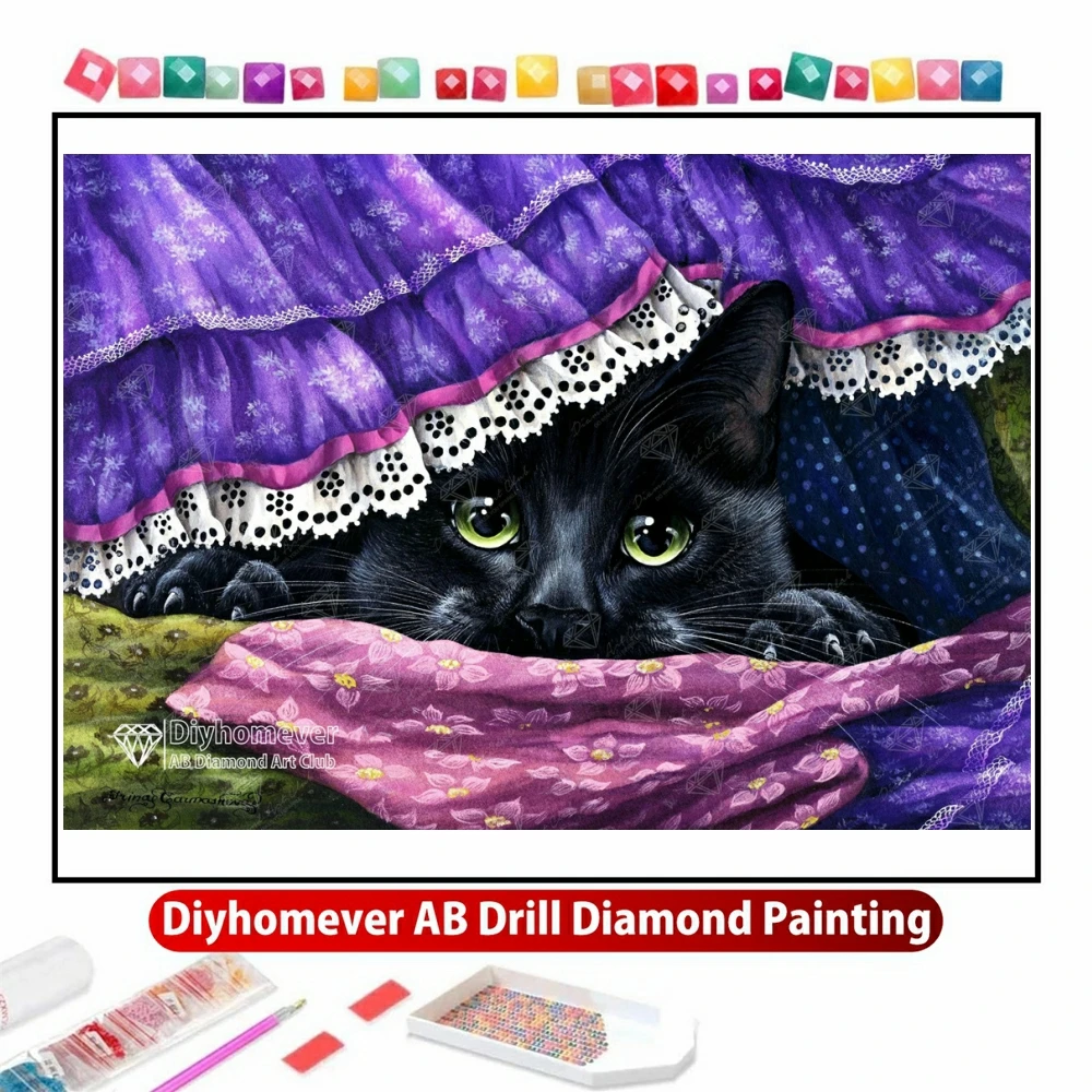 

Hiding Black Cat 5D DIY AB Diamond Painting Mosaic Embroidery Fantasy Animal Full Square Round Cross Stitch Picture Home Decor