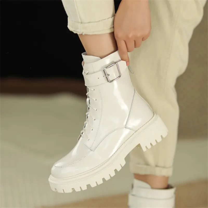 New Winter Genuine Leather Women Boots Fur Warm Boots Snow Boots Zippe Lace-up Platform Boots Black Motorcycle Boots Shoes