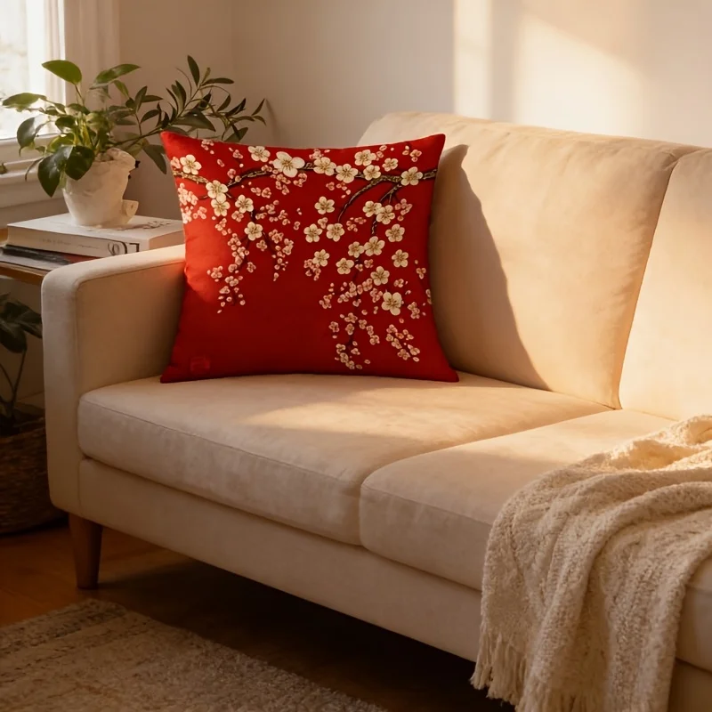 Red Chinese Plum Blossom Throw Pillow Cover  Sakura Flower Oriental Floral Decorative Cushion Case for Home Decor