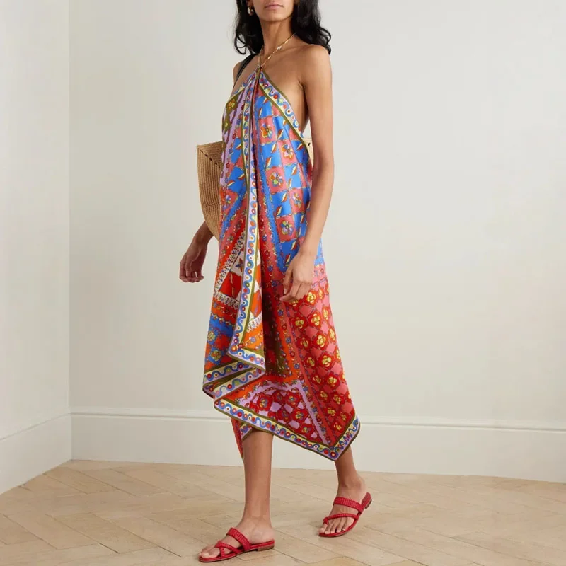 Ethnic Retro Print Irregular Long Dresses Spring Sexy Halter Backless Hollow Boho Dress New Summer Loose Satin Woman Party Dress