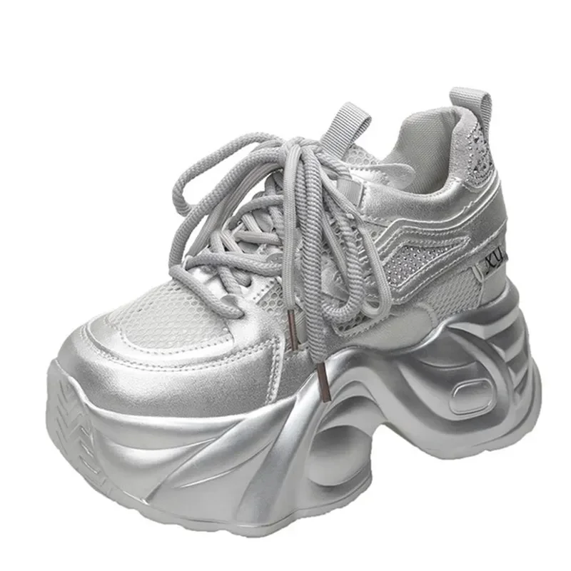 

Pop 10CM New Bling Chunky Sneakers Spring Casual Vulcanized Shoes 2025 Woman High Platform Breathable Mesh Sneakers Female Dad S