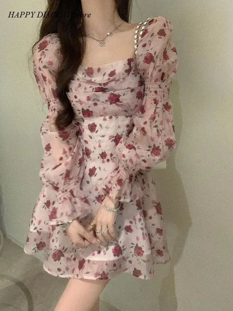 

Women's Long Sleeve Floral Bodycon Mini Dress, Casual Beach Dresses, Elegant Pink Vintage, Sweet Korean Fashion, Summer Party