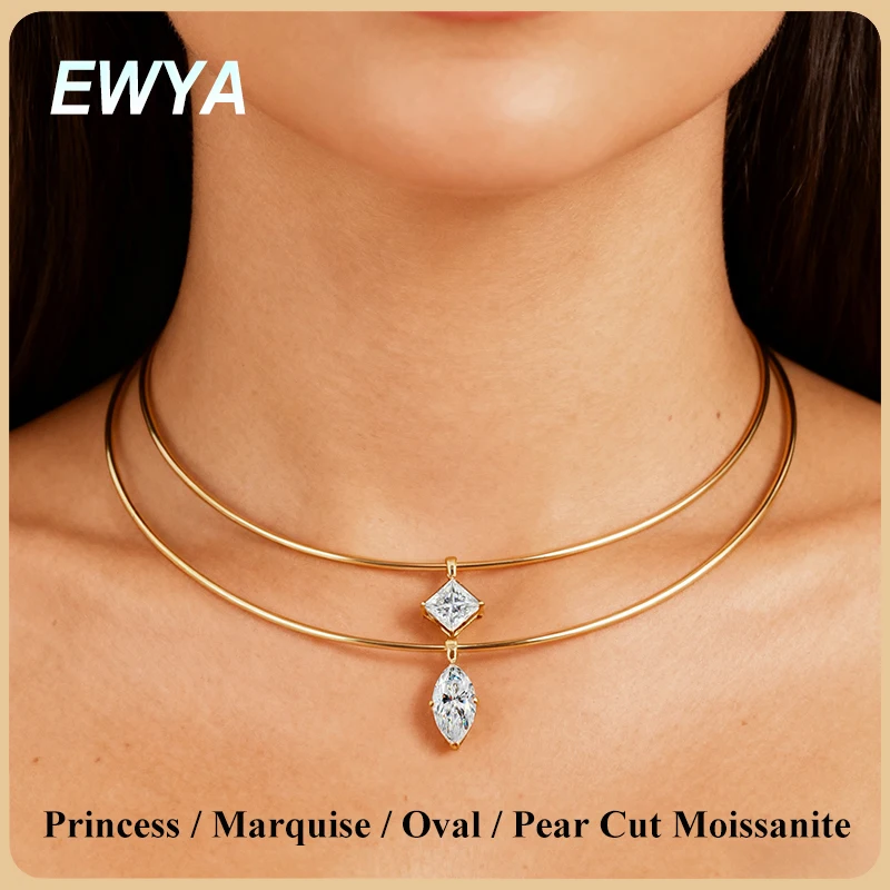 

EWYA Marquise Princess Oval Pear Cut Solitaire Moissanite Pendant Necklace Lab Diamond S925 Solid Choker Neck Chain Women Gift