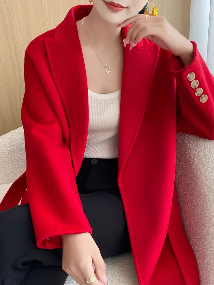 Korean Style Fashionable Women's Coat Autumn and Winter Simple Handmade Wool Reversible Woolen Coat Mid-Length Top Suit