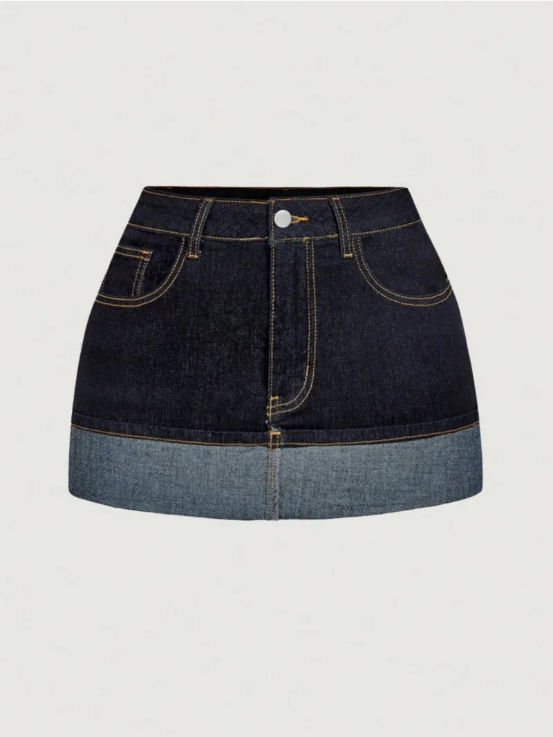 2026 New Two Tone Denim Mini Skirt Women High Waist Spliced Color Jean Skirt Streetwear Vintage Straight Short Skirt Casual view 2