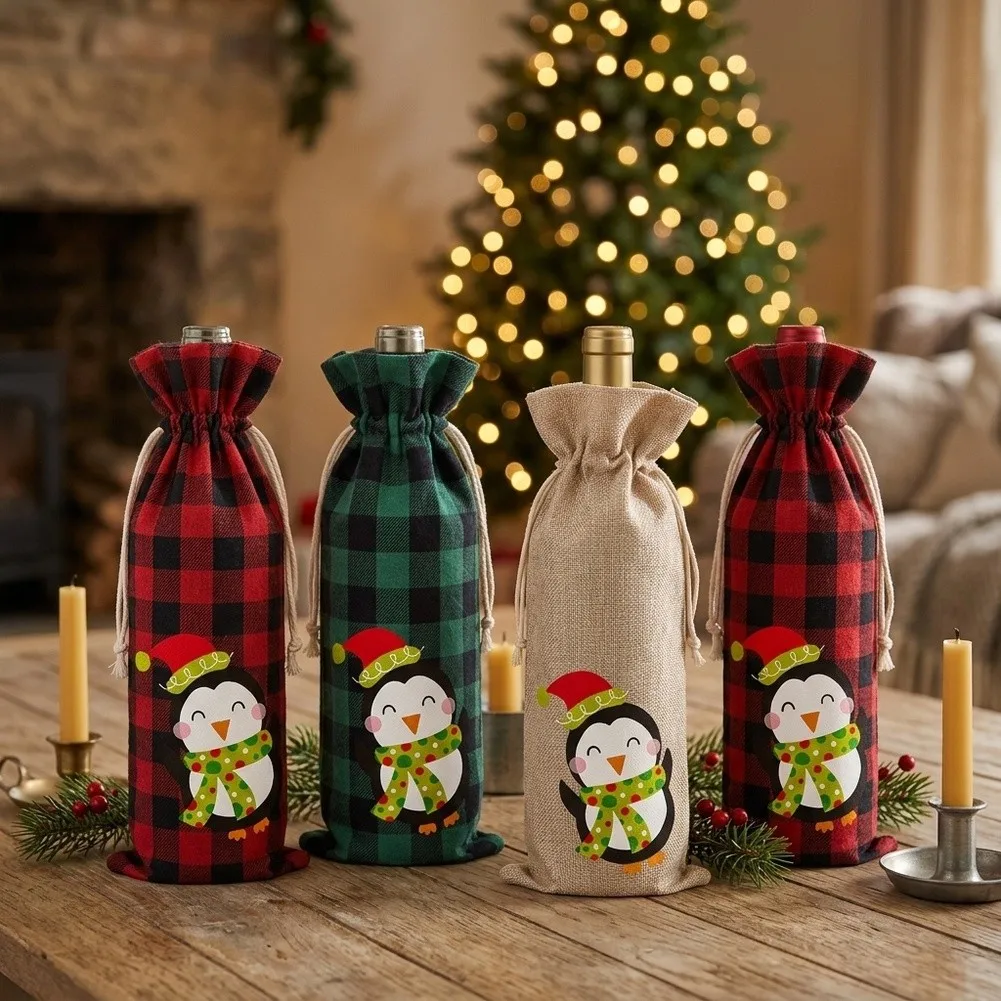 Holiday Wine Sleeves Christmas Wine Bags Secure Bottle Fit Buffalo Plaid Pattern Tear Resistant Fabric Color Fast Material