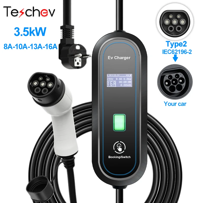 Teschev 16A 3.5kW EV Draagbare Oplader Type2 Kabel 220V EVSE Opladen Wallbox Autolader voor Elektrisch Voertuig