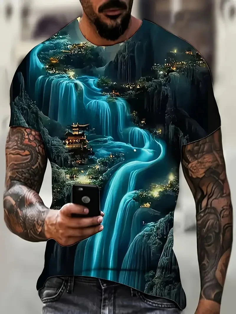 

Мужская футболка больших размеров с 3D ночным принтом, повседневная свободная и модная футболка с короткими рукавами, мягкая, удобная и дышащая