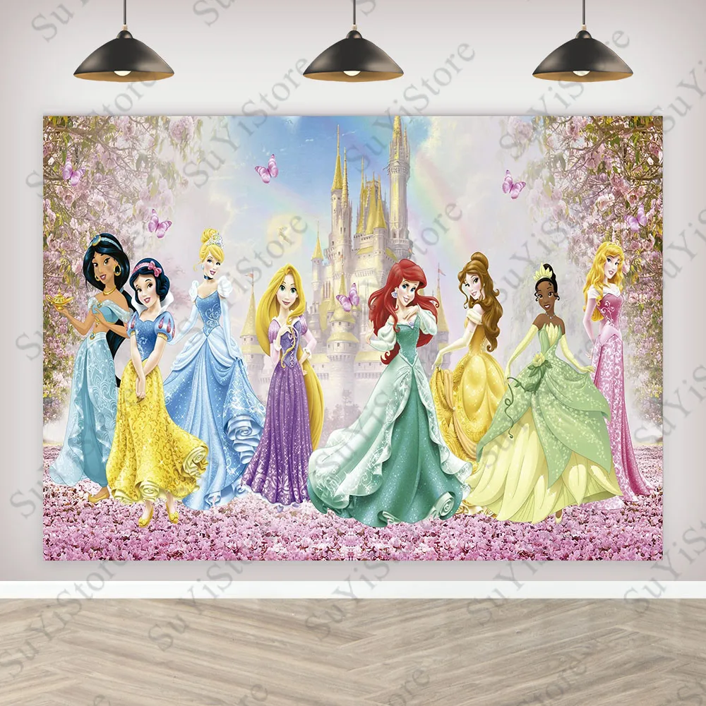 Disney Princess Photography Backdrop Cinderella Snow White Belle Girls Birthday Party Custom Photo Background PhotoCall Props