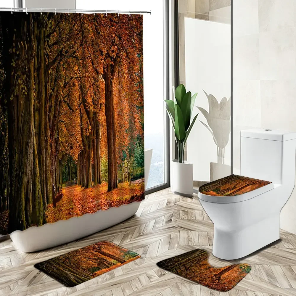 Natural Scenery Shower Curtain Autumn Forest Trees Maple Leaf Road Landscape Home Deco Bath Mat Toilet Cover Bathroom Carpet Set