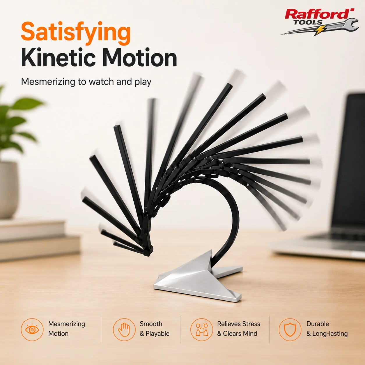 Rafford Kinetic Desk Toy with Flexible Joints, Handheld Swing Fidget Toy with Silver Display Stand for Office Home Decor